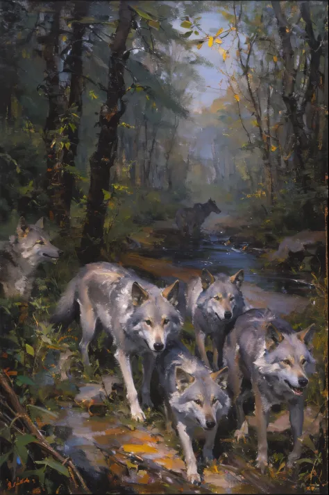 picture a pack of wolves looking for food,add some scenes：in dark jungle，wood cabin in distance，(fechin oil painting - fechin oi...