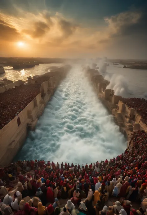 the exodus of moses、600,000 people and huge walls of water on both sides.、a large crowd passes between walls of water