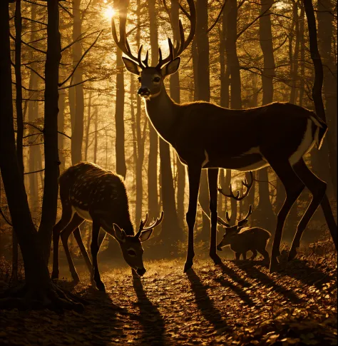 two deer in leaves, one sniffing the ground, the other looking around a fantasy forest，verschwommene perspektive，sonnenlicht, th...