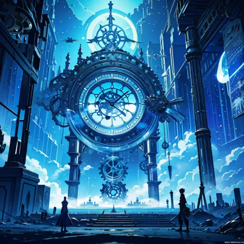 absurdres, best quality, fine detailed, 8k, no humans, blue sky, white cloud, many huge colorful clocks and gears floating in th...