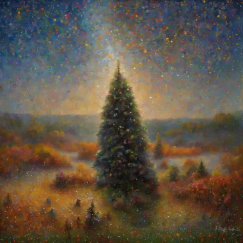 painting of a christmas tree in a field with a star in the sky, jon mcnaughton, andy park, a pointillism painting, under the sil...