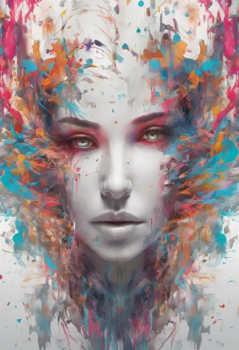 splash art, a girl head, ((white background)), piercing eyes, epic instagram, artstation, splash style of colorful paint, contou...