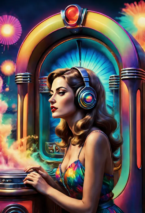 a gorgeous psychedelic women listen a old and stylised jukebox , with beautiful colors and in the background explosions of water...