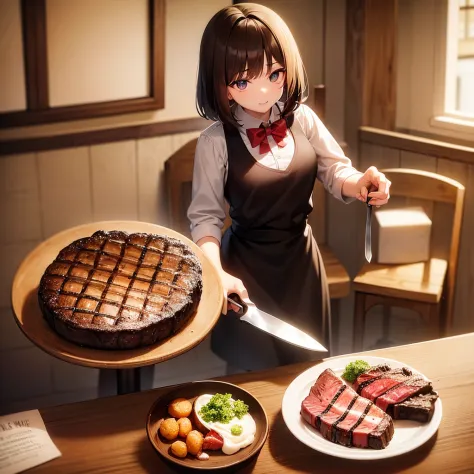 wait to be eaten, steak grilled on an iron plate, in the steak shop, one brown bob hair woman, knife in right hand, fork in left...