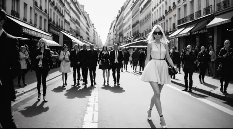 1 female focused, swedish woman model walking down a busy city street in a dress, proportion of fashion models, a black and whit...