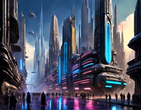 (the city of coruscant from star wars as designed by doug chiang), futuristic fantasy city with immense buildings of technologic...