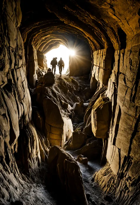 explorers entering a completely ruined cave in the country of norway, archeologists, ancient artifacts, crumbling walls, moss-co...