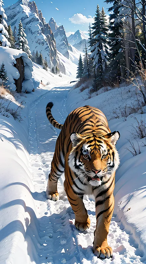 illustration of a tiger running through snowy mountains, fierce facial expression 4k, a tiger_beast, 4k highly detailed digital ...