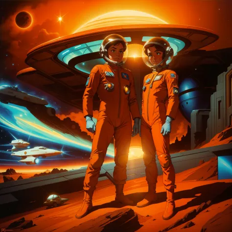 astronauts with beautiful faces in orange spacesuits against the background of a spaceship on mars against the background of a l...