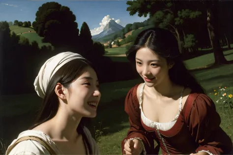 poussin-style landscape,a smile,,sweet and seductive appearance.、caravaggio's paintings、chiaroscuro of caravaggio、hair dishevele...