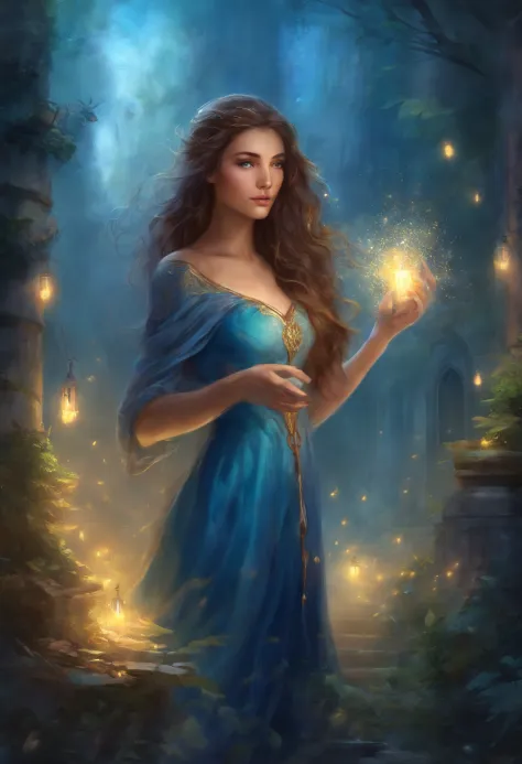 young female adult with long beautiful brown hair, she is wearing a nice blue summerdress when she finds a secret corridor in a ...