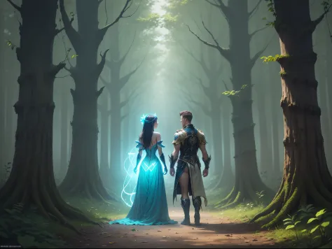 male character standing next to a bioluminescent woman with a glowing dress , dark forest --auto --s2