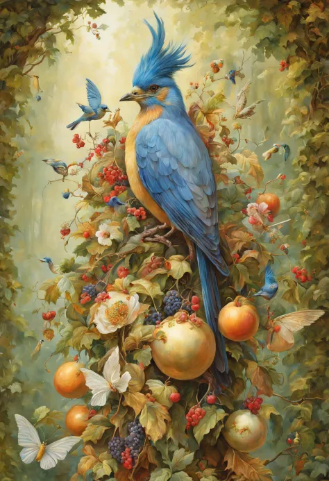 whimsical and beautiful fantasy bird with party hats, encircling a feast of birdseed and berries, forest setting, art by james c...