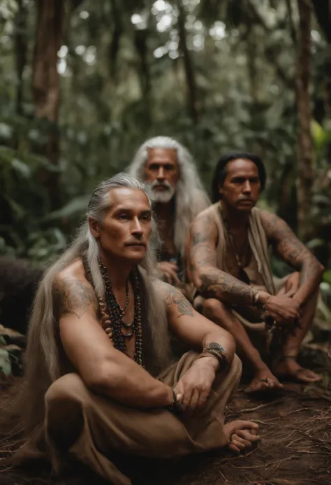 a group of participants sitting in a sacred circle, ready for the ayahuasca ceremony,original,piercing, insightful eyes that ref...