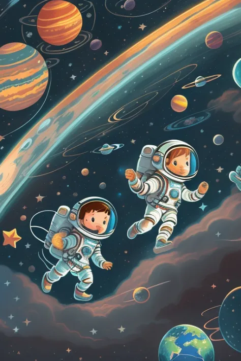 cartoon illustration of a group of children in space with planets, little astronaut, mobile game art, space library artwork, fan...