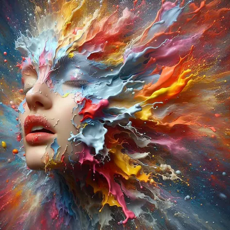 a close up of a woman's face with colorful paint on it, face submerged in colorful oils, intricate and intense oil paint, vibran...