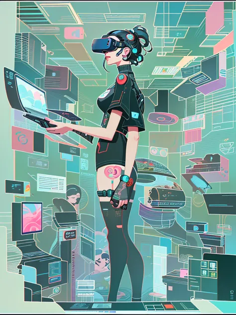 wearing a virtual reality headset、illustration of woman surrounded by people, inspired by nevercrew, colorful editorial illustra...