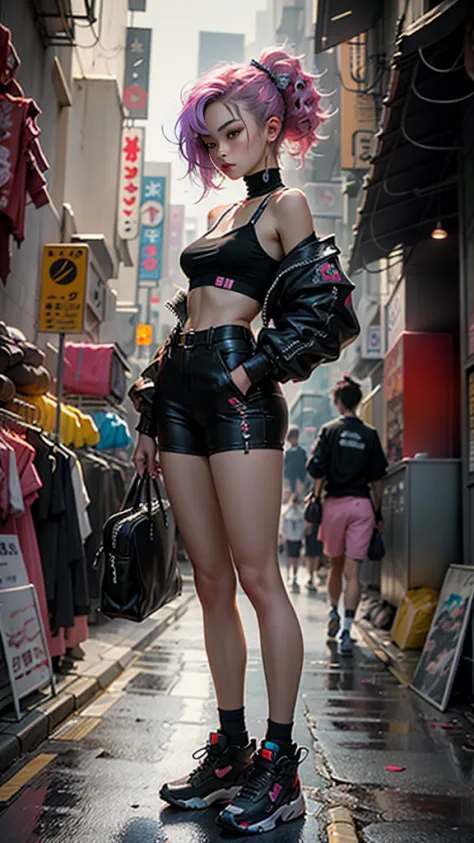 beautiful cyberpunk woman medium shapeless hair, cyberpunk style short harajuku clothes