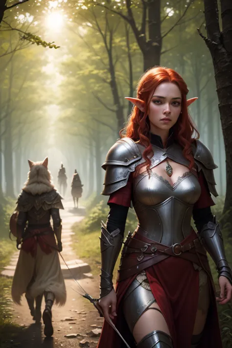 beautiful female elven warrior with red hair wandering the forest, wearing ornated elven armor, pet wolf by her side, on the hun...