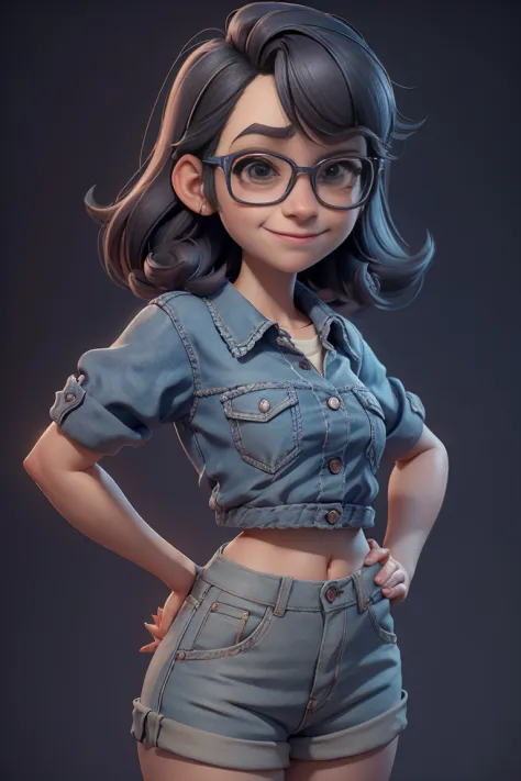 a 3d pixar style animation character development, featuring of a young woman nerd look, wearing a shorts, character spread sheet...