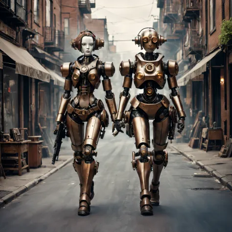 they are two robots walking down the street with guns, detailed cinematic photography, steampunk digital art, big studio, still ...