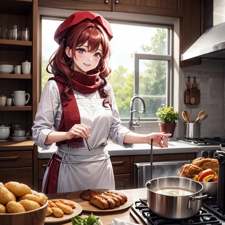 1girl in, solo, kitchens、cooking western food、maroon hair, curly hair, poneytail、hat、cook clothes、red scarf、invincible smile、 st...