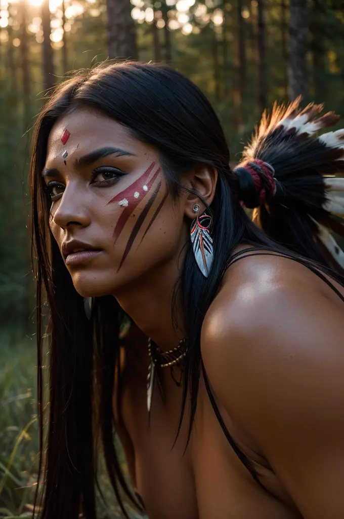 sexy female native american warriors with facepaint fight in the middle of forest at dusk, landscape, (raw photo, real, best qua...