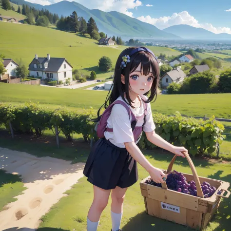 little girl, picking grapes in the vineyard, far mountain, house.