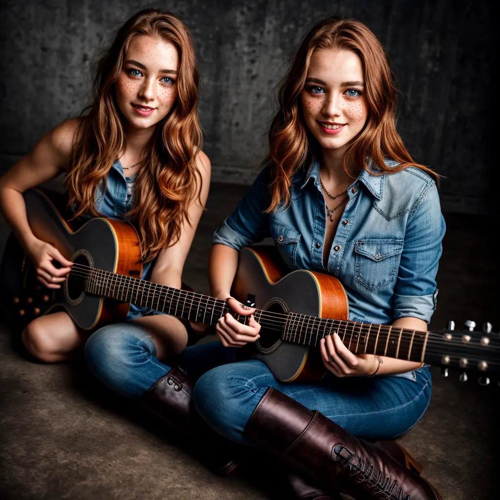 beautiful woman,ginger hair,freckles,smile,dark gray eyes,dark makeup,long leather boots,play on a six string guitar,hyperdetail...