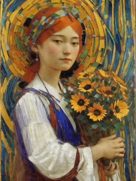 painting of a woman holding a bouquet of sunflowers in front of a golden background, hyperrealistic art nouveau, chie yoshii, an...