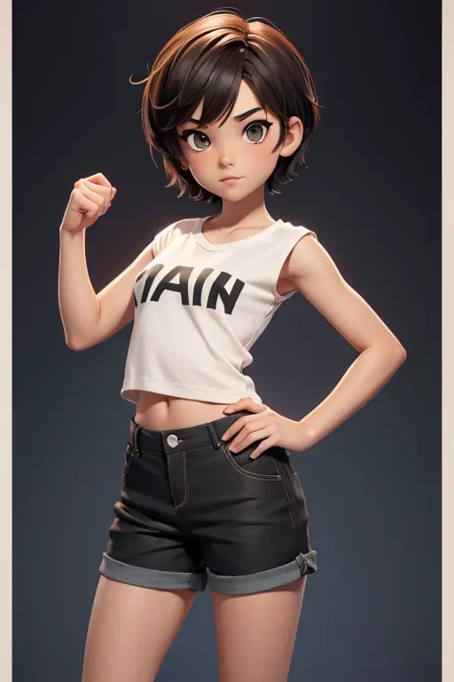 nude 2d 10 year old female character with semi short hair, camiseta sin mangas y pantalones de malla negros para juego de plataf...