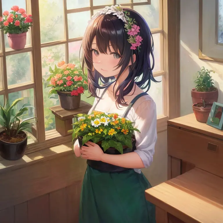 anime girl holding a potted plant in front of the window, by kamagurka, painted in anime painter studio, marin kitagawa fanart, ...