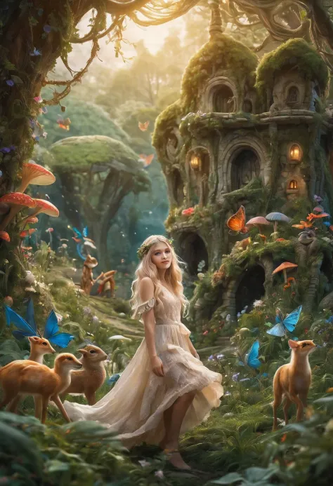 create an enchanting and whimsical image of a elegant elf girl with flowing blonde hair, exploring the magical realm of neverlan...