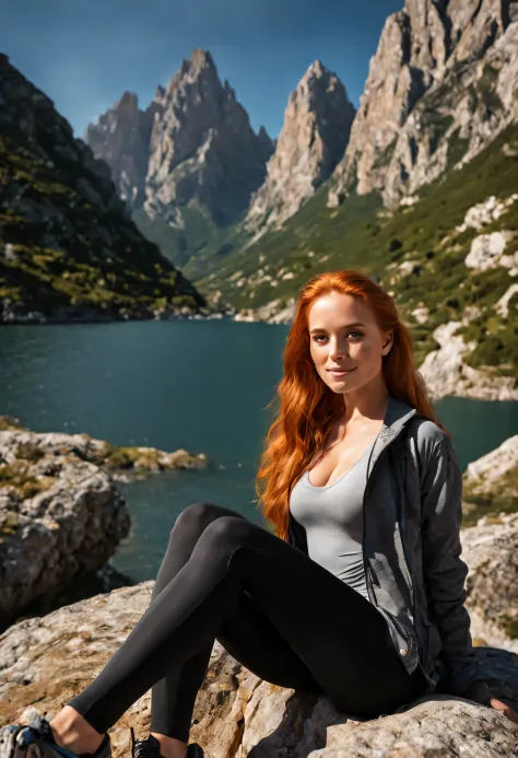 photography of mountains and sea in italy, there is a madelaine petsch in right corner of the photography, sitting on a arock in...