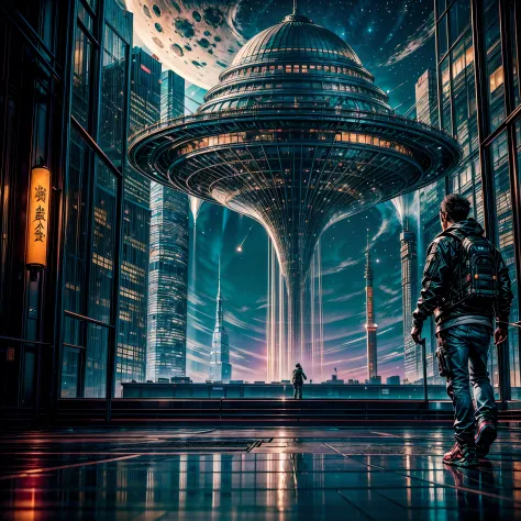 (nebulae hyper nebula starry_sky moonset epic moonrise spacious moonshine) in this futuristic image of a city at night，we were t...