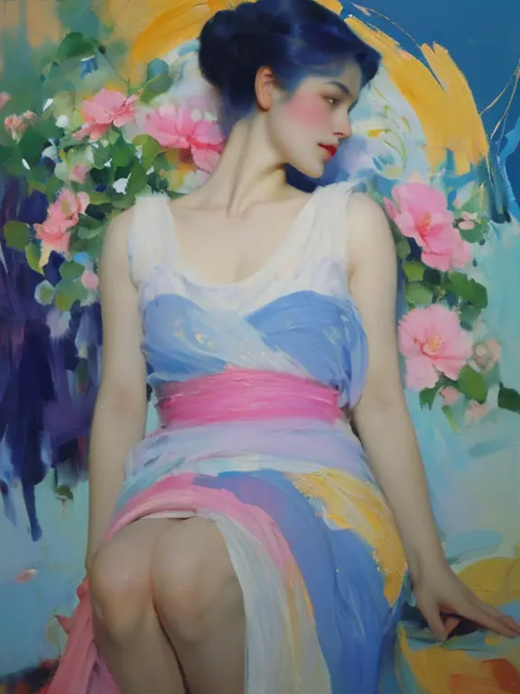 full body of a calculated composition of the painting、arianna's work andalas and flowers、(oil painting:1.5), (nsfw:1.2), a woman...