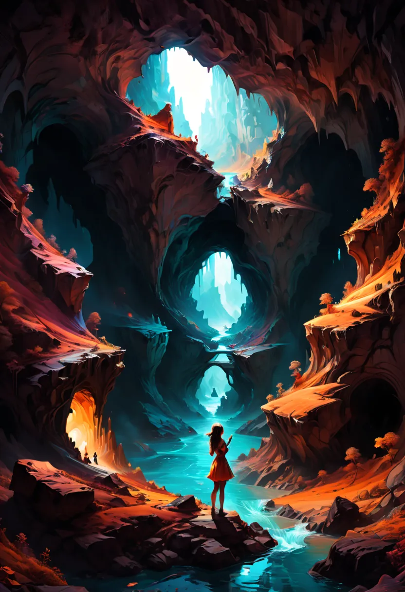 a girl, taking photos, by cyril rolando, underground caves, high saturation, fantasy art, enhance, intricate, (best quality, mas...