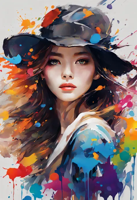 masterpiece, splash art, colorful, colorful splash art, reduce、scattered paint painting, magician, beautiful girl，stylized abstr...