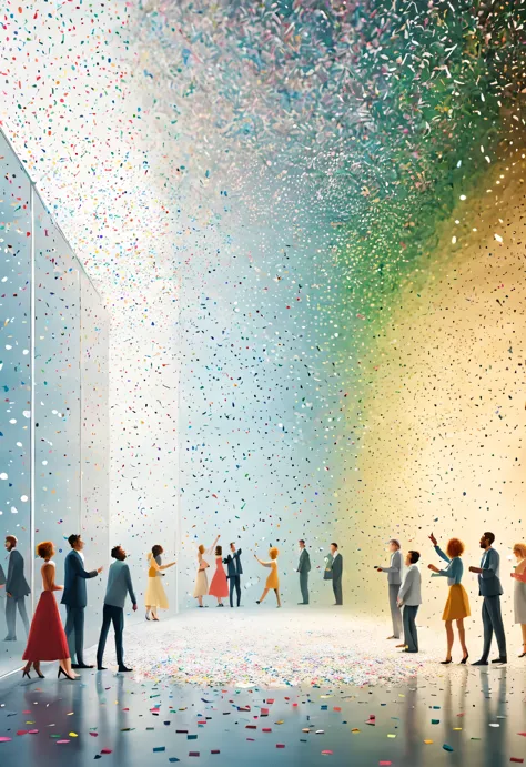 in the center of the picture is a glass wall，white people shaped confetti passing through glass wall，turn into confetti, ，produc...