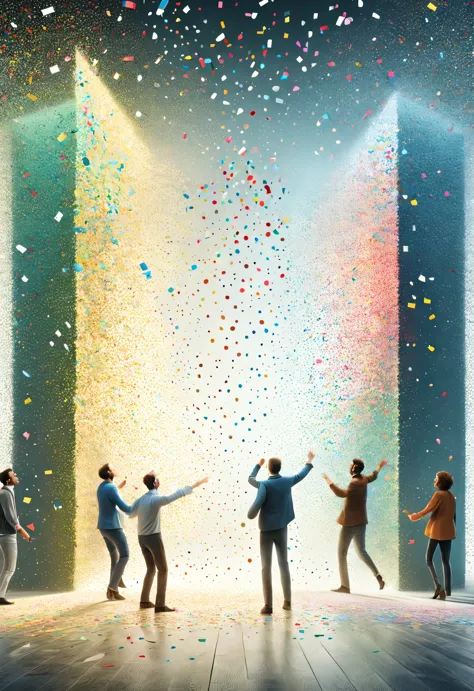 in the center of the picture is a glass wall，white people shaped confetti passing through glass wall，turn into confetti, ，produc...