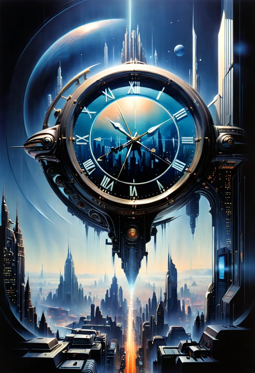 year 3000, double exposure of a clock and city view, clock fused with alien city, futurism, science fiction, by drew struzan and...