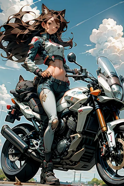 an illustration of a woman riding a motorcycle with a cat on top, 1girl, sky, ground vehicle, brown hair, cat, day, outdoors, ba...