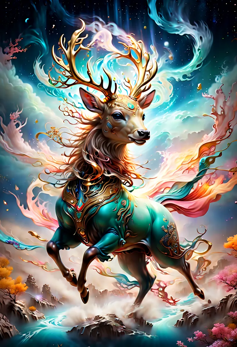 chinese colorful deer, dunhuang color matching, eastern aesthetics, flowing light gauze, light dancing and flying, auspicious cl...