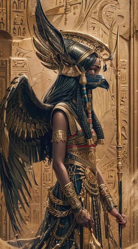 horus the egyptian goddess of savagery: portrait, ancient, sand background, rich details, photorealistic

(best quality, 4k, hig...