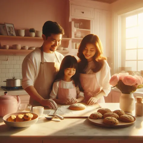 there is a man and woman and a child making doughnuts