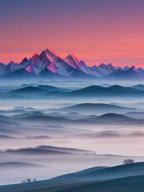 steppe against the backdrop of dawn mountains, in the style of roerich, dawn illuminates the mountains with delicate colors, fog...