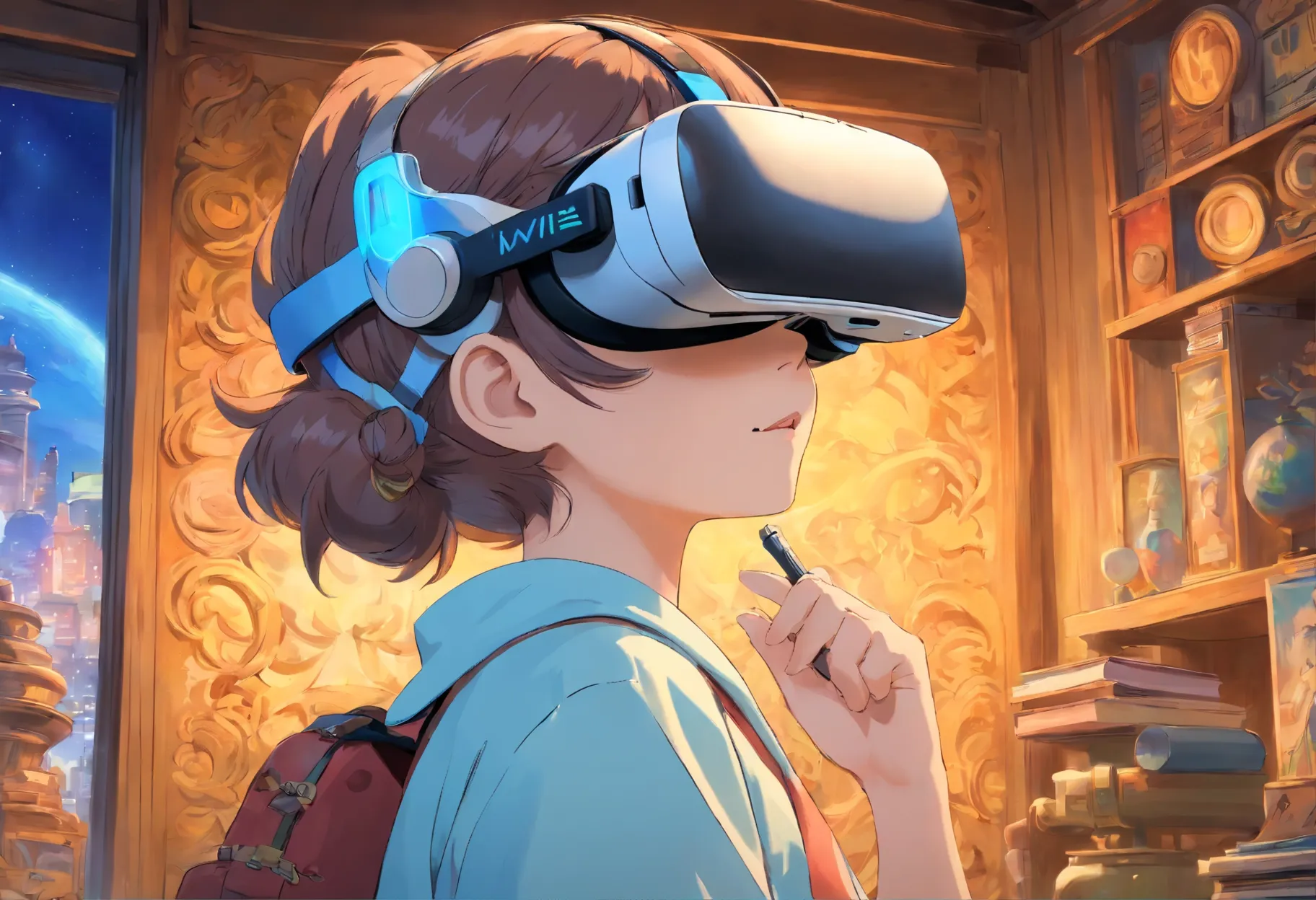 girl wearing vr, she was drawing, for the audience, art deco, anime, ray tracing, stereogram, art deco, anime, ray tracing, ster...