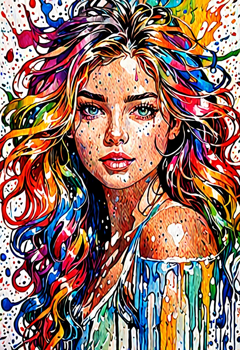 colorful beautiful woman, a woman 18-years old, multiple color messy hair, watercolor, nice perfect face, multiple colors, intri...