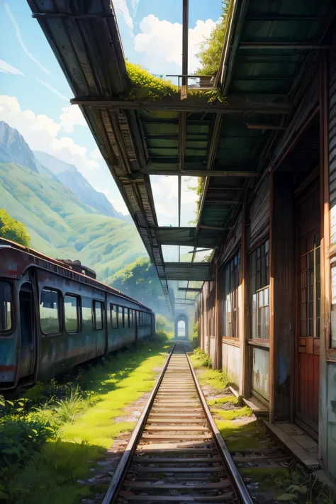 watercolor drawing style, best quality, abandoned railway, single track, decaying railway station building, sea, mountains, ivy,...