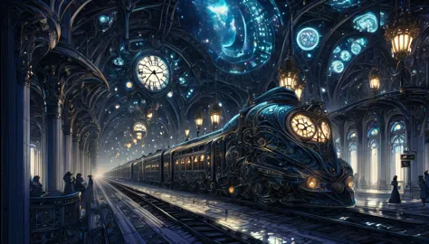 (((big station dark fantasy project:1.3))), (((dark emperor train and station illustration:1.3))), wonderful station with rococo...